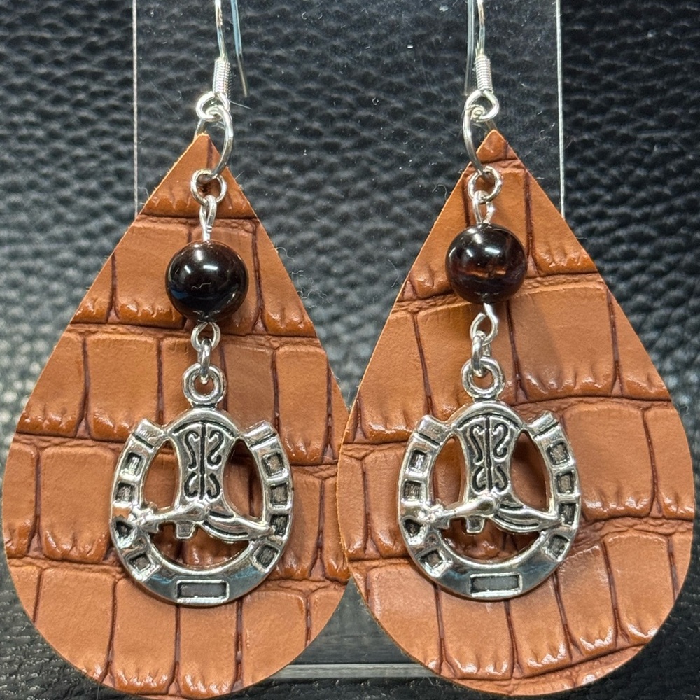 Handmade brown alligator faux leather earrings